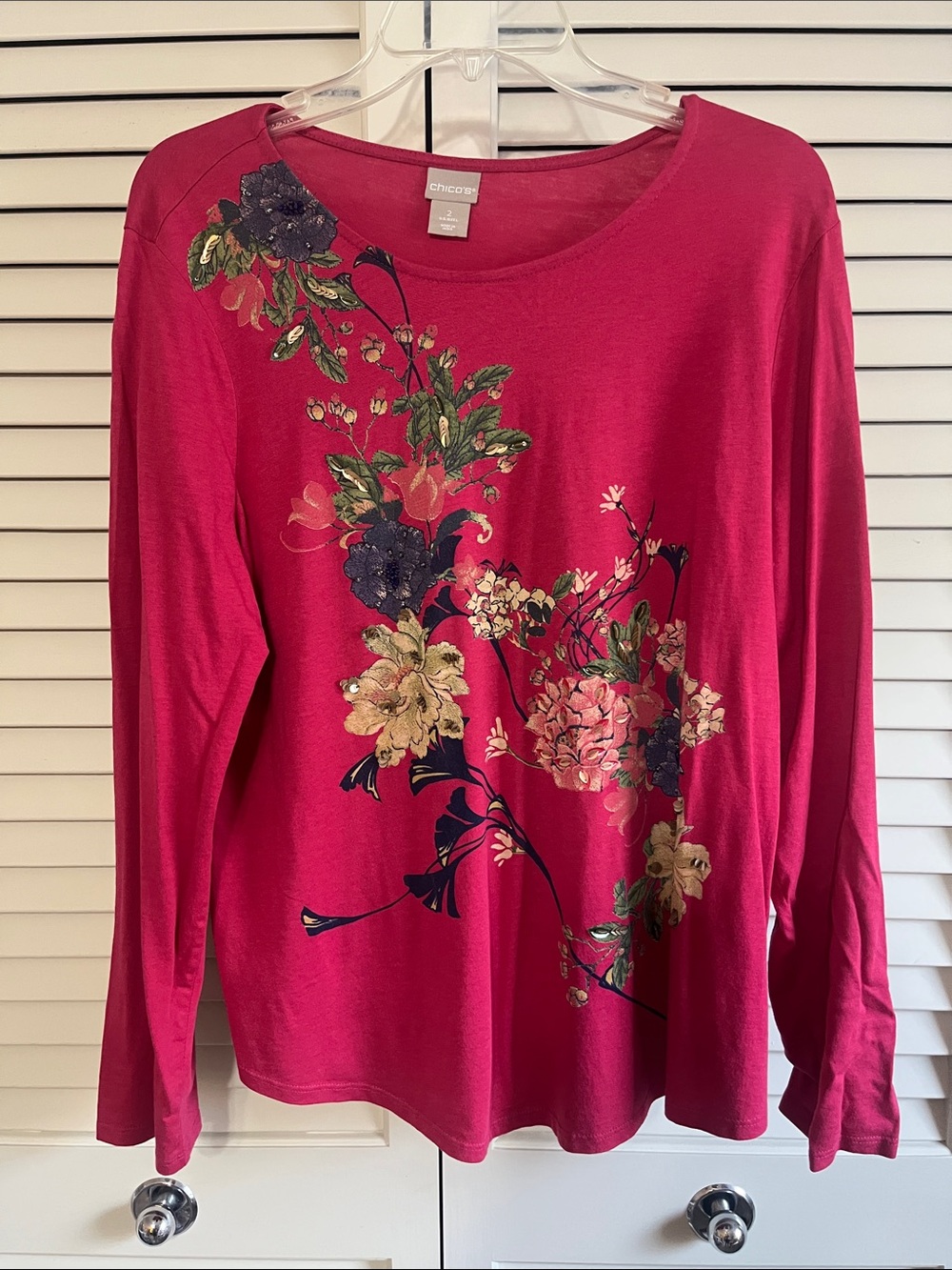 Chico's Magenta Floral Beaded Embellished Long-Sleeve Top